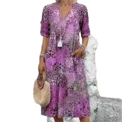 Lace V-neck Short-sleeve Dress For Women