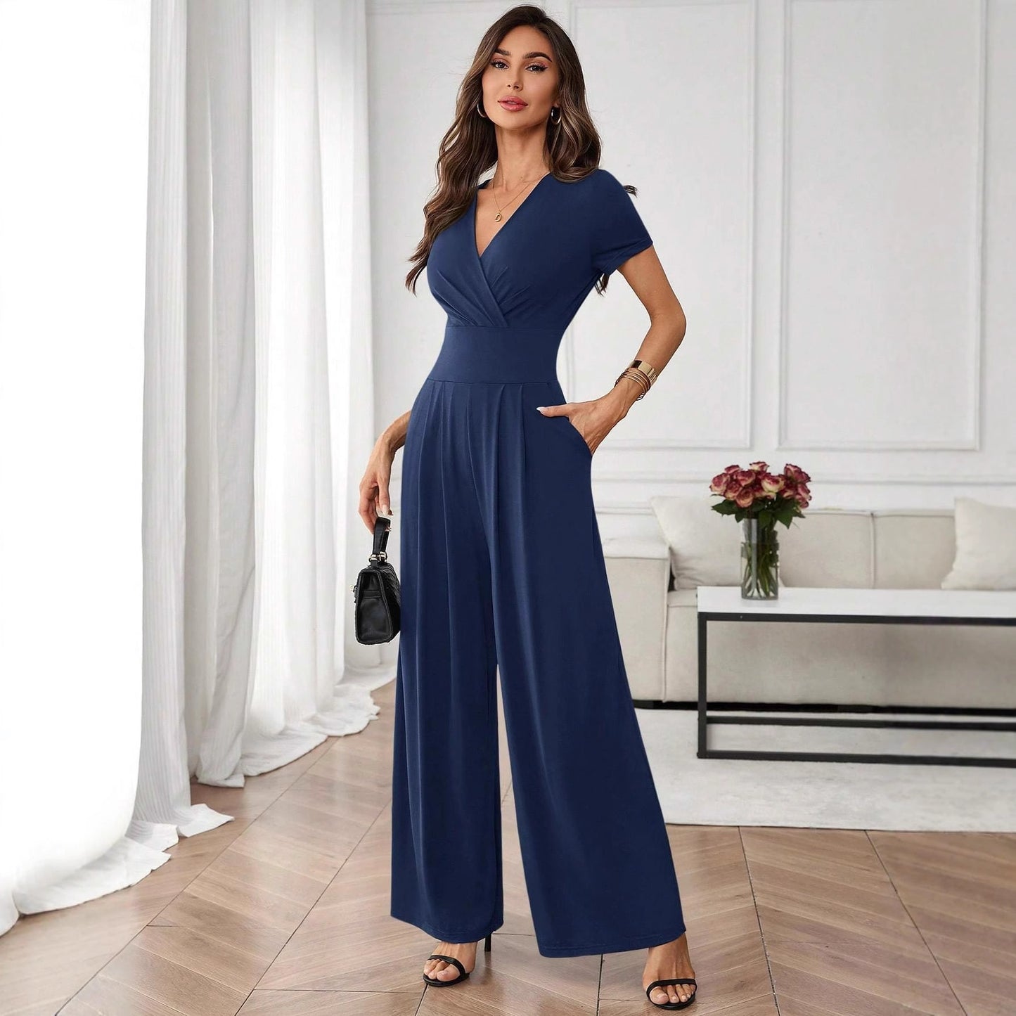 Women's Solid-Color Short-Sleeve Pleated Wide-Leg Jumpsuit