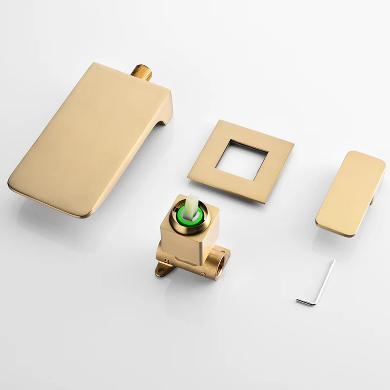Brushed Gold Uncoated Brass Bathtub Shower Faucet Brass Material Waterfall Bathtub Tap Mixer Set
