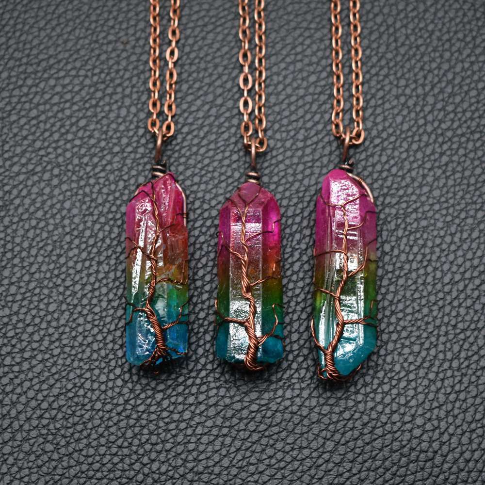 Collier Tendance Ins avec Pendentif Arbre de Vie en Cristal de Pierre à Succès Commercial