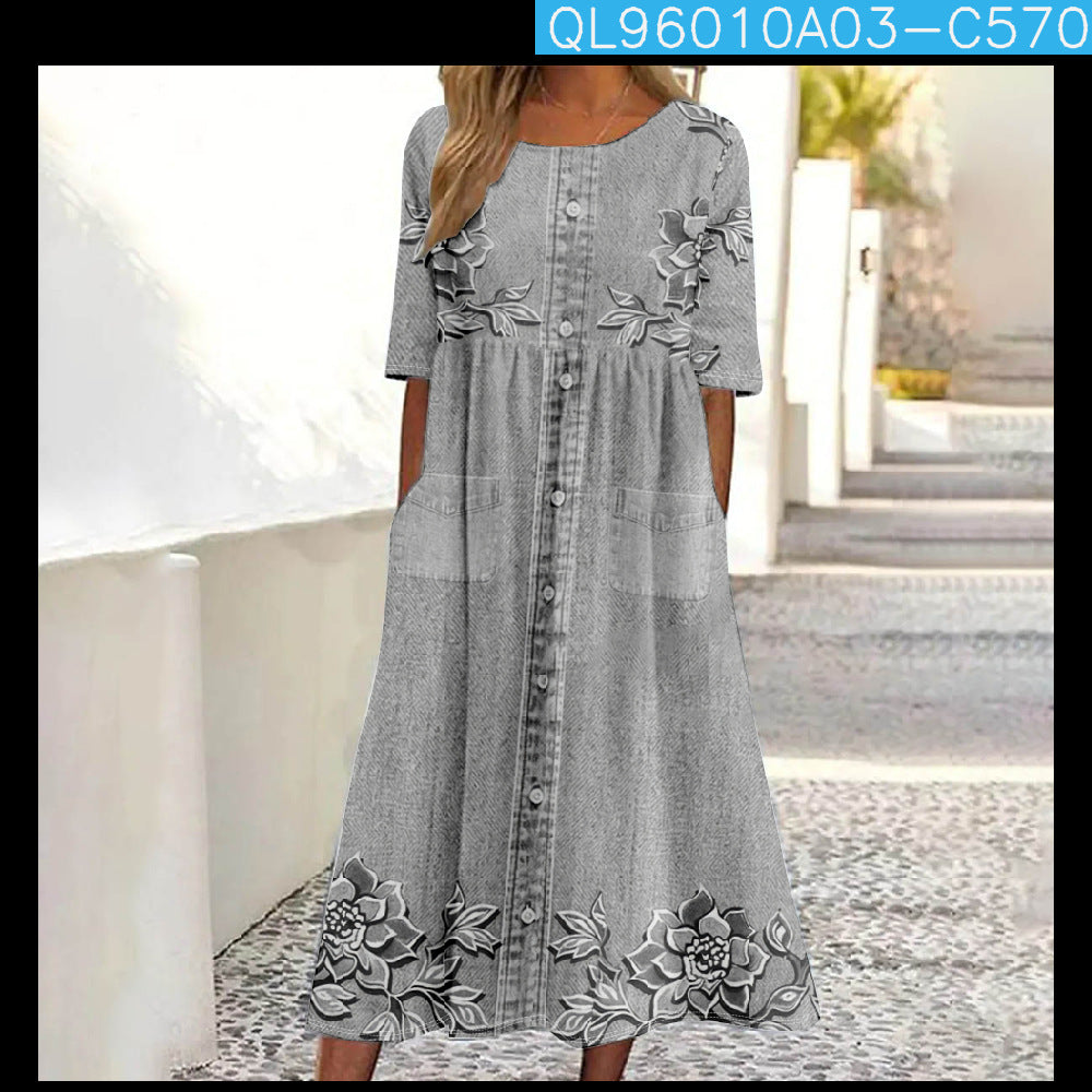Womens Casual Round-Neck Printed Swing Dress