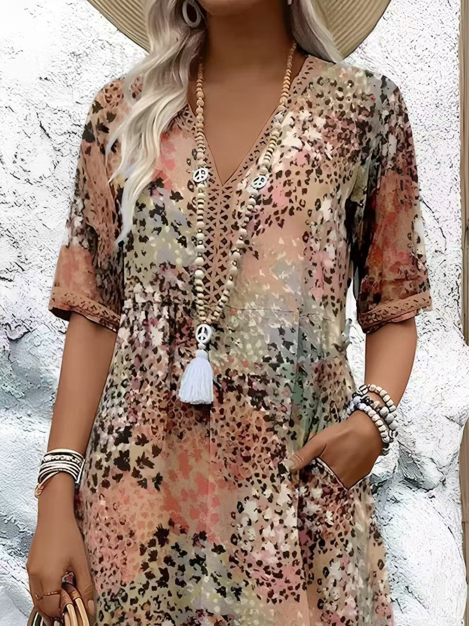 Lace V-neck Short-sleeve Dress For Women