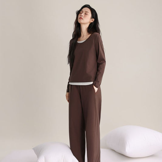 Super Soft Women's Pullover Fake Two-piece Spliced Pajamas