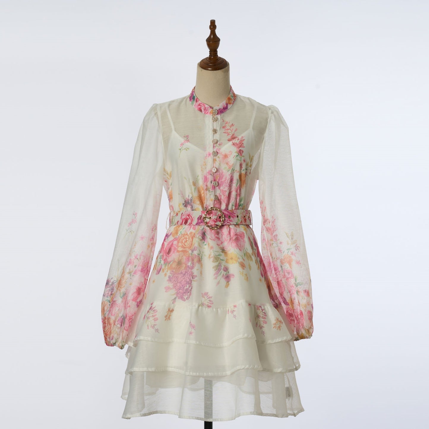 Resort-style Printed Slim-fit Multi-layer Ruffle Hem Mini Dress