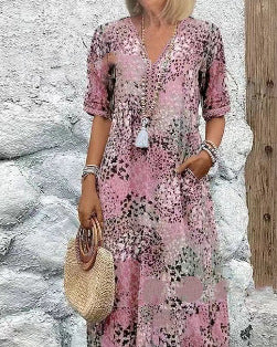 Lace V-neck Short-sleeve Dress For Women