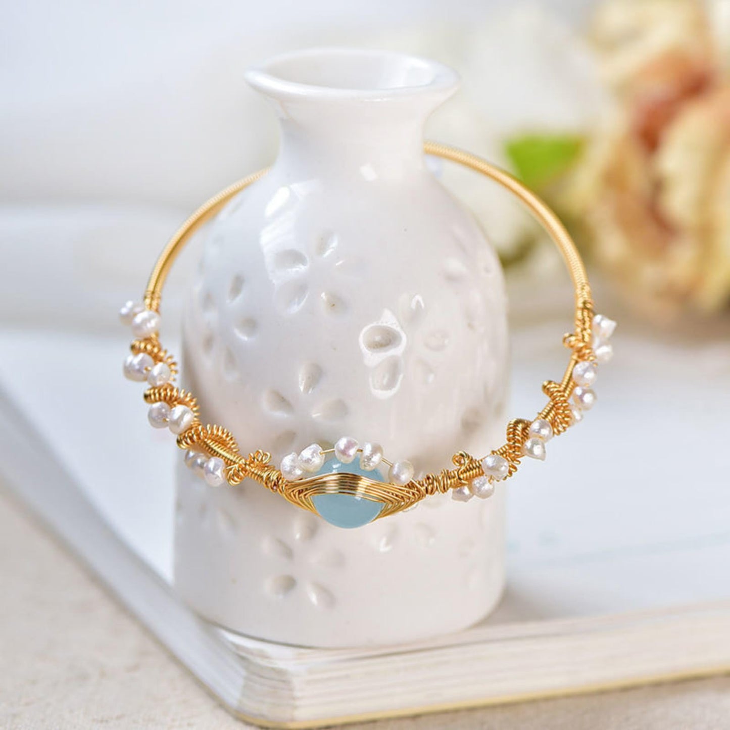 Perlenarmbänder für Damen, vergoldet, Perlenarmband, goldfarben, geflochten, Vintage-Stil, Armreifen, Mode-Armband