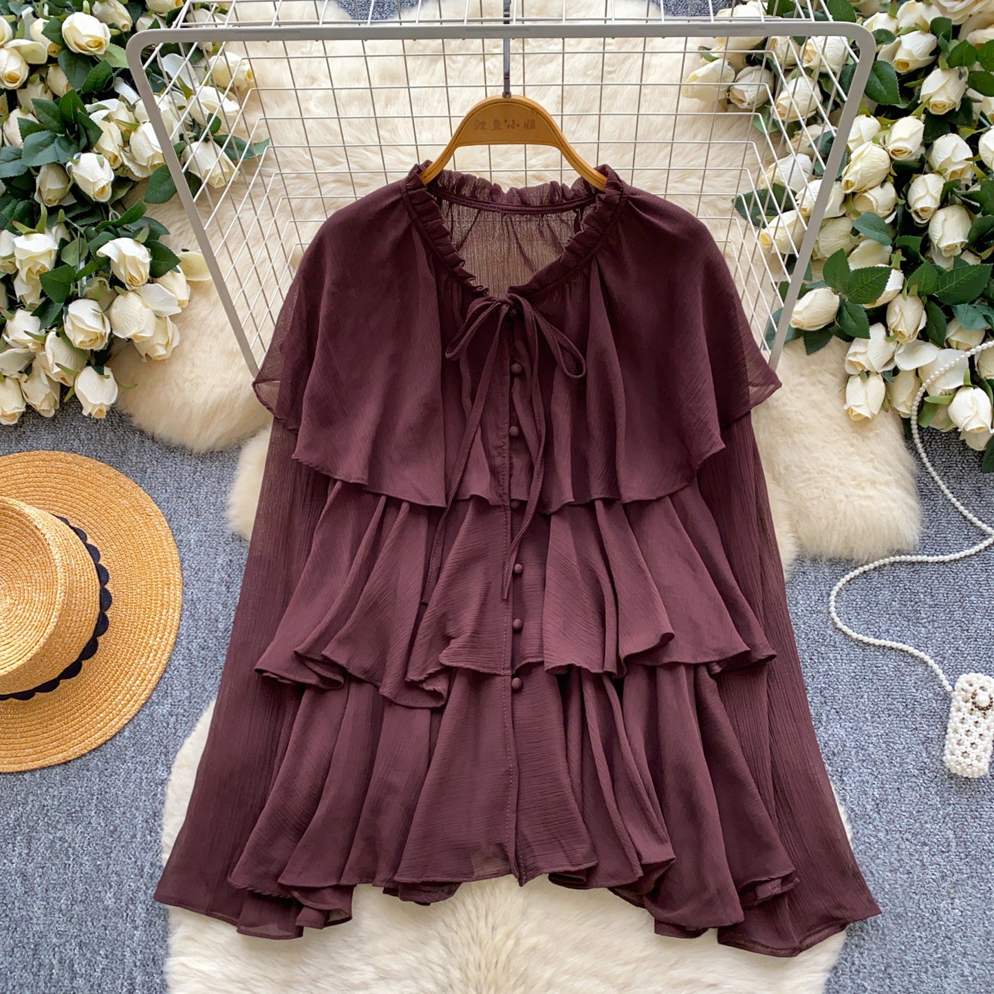 Women's Loose-Fitting Lace-Up Ruffle-Trimmed Chiffon Shirt
