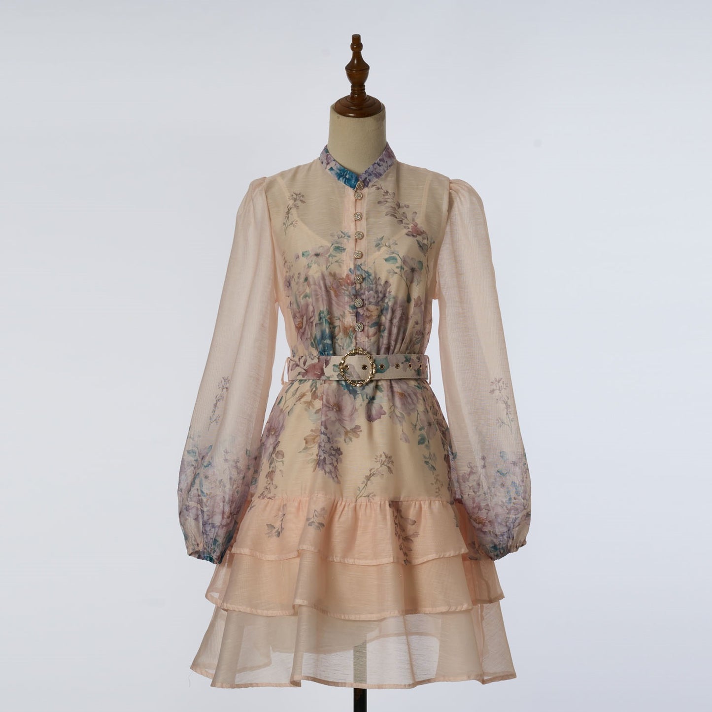 Resort-style Printed Slim-fit Multi-layer Ruffle Hem Mini Dress