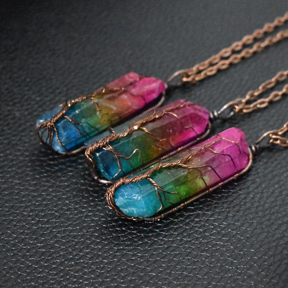 Collier Tendance Ins avec Pendentif Arbre de Vie en Cristal de Pierre à Succès Commercial