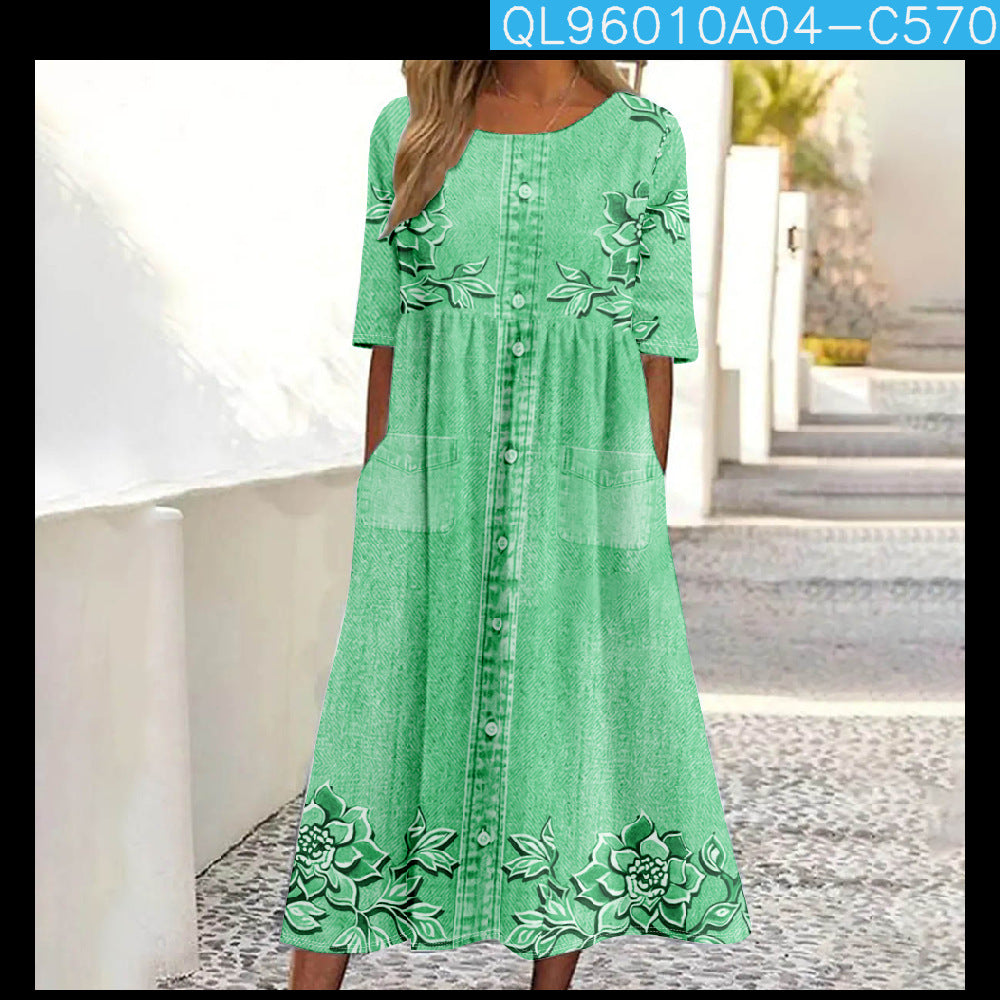 Womens Casual Round-Neck Printed Swing Dress
