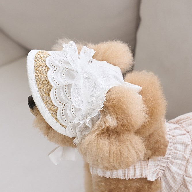 Lace Straw Sun Hat Dog Pet Rope Pig Nose Button Adjustable Hat