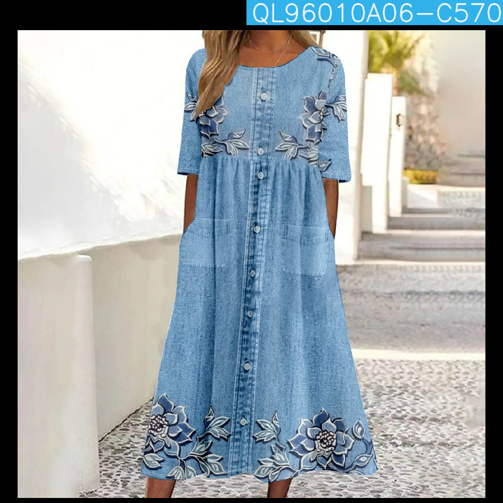 Womens Casual Round-Neck Printed Swing Dress
