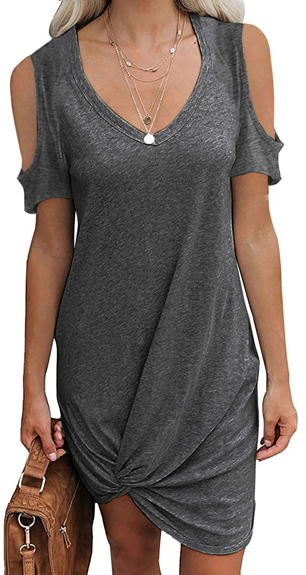 Solid-color Springsummer Off-shoulder Twisted T-shirt Dress Womens Clothing