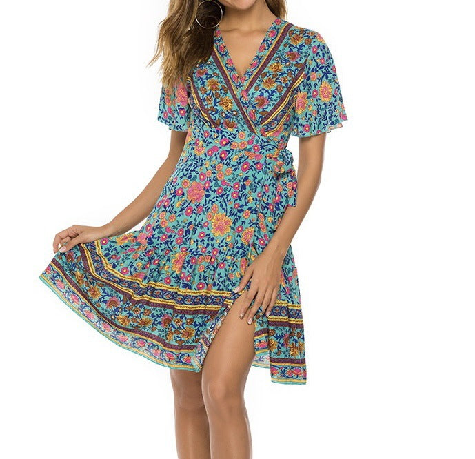 Women's Beach Short-Sleeve Pleated Printed Dress