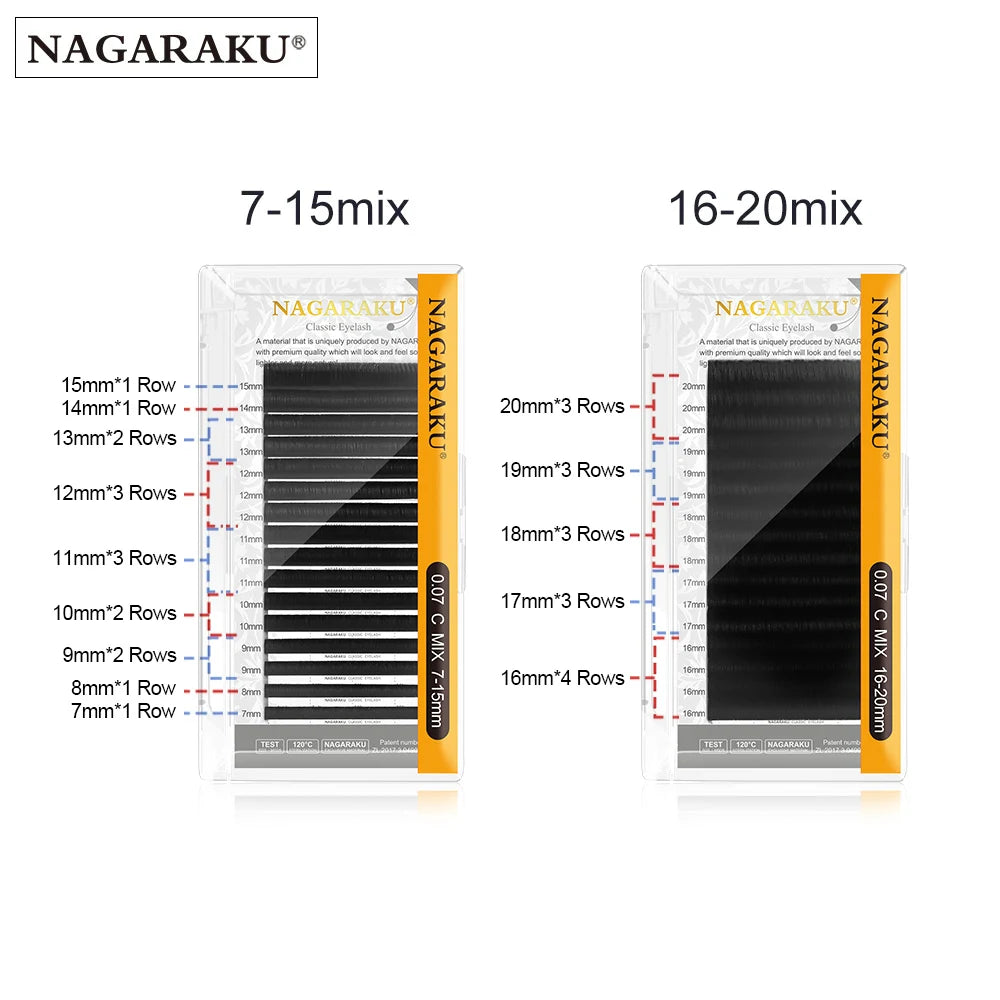 NAGARAKU Classic 16rows/case 7~25mm Mix Premium Natural Synthetic Mink Individual Eyelash Extension Supplies Makeup Cilios