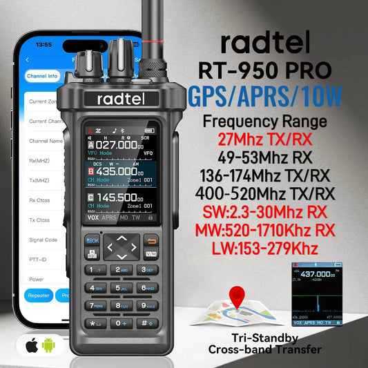 Radtel RT-950 PRO Walkie Talkie AM/FM/CB/LSB/USB/CW Receiver with GPS APRS 10W Bluetooth Phone Programming Ham Radio RT-950PRO - Shoppiline
