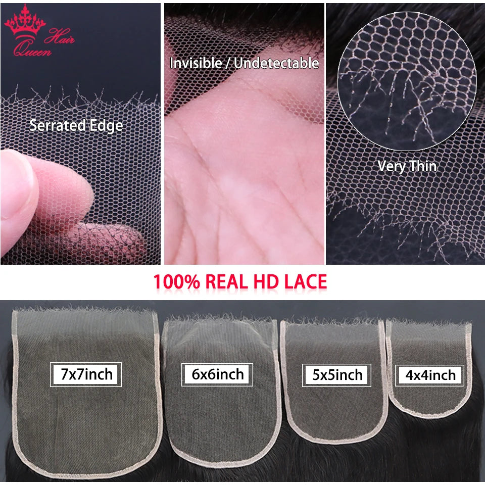 Queen Hair Real HD Frontal/Closure Only Invisible Melt Skin Lace 13x6 13x4 4x4 4x6 5x5 6x6 7x7 Raw Human Hair Body Wave/Straight