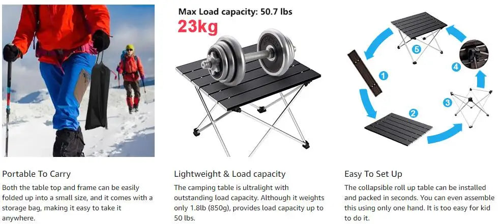Table de camping pliante portable ultralégère, bureau de dîner extérieur pliable en alliage d'aluminium haute résistance pour fête de jardin, pique-nique, barbecue