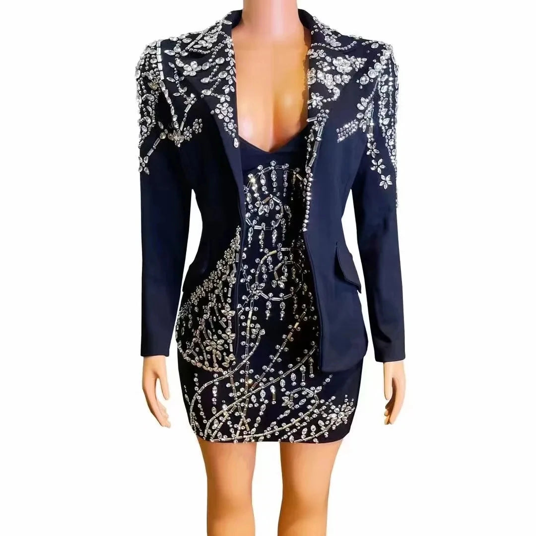 AD1860 Two Piece Women Clothing Set Crystal Dress Women Rhinestone Luxury Elegant Dress and Blazer - Shoppiline