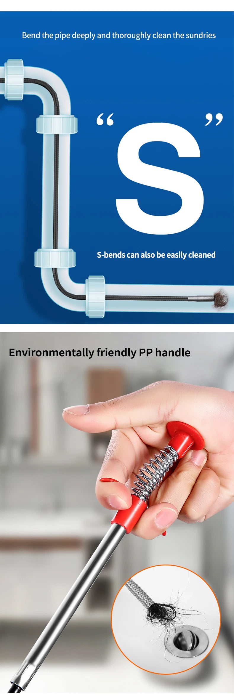 60cm Spring Pipe Dredging Tools, Drain Snake, Drain Cleaner Sticks Clog Remover Cleaning Household for Kitchen Bending Sink Tool