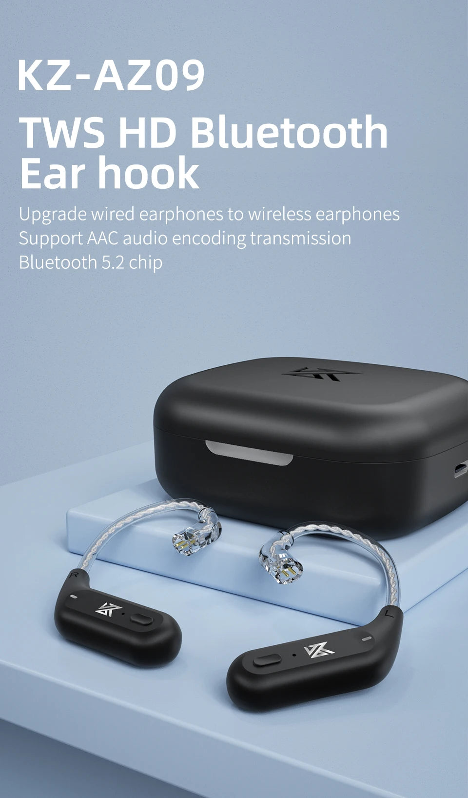 KZ AZ09  Bluetooth 5.2 HD Bluetooth Module Wireless Upgrade Cable HIFI Wireless Ear Hook Connector With Charging Case S2 Z1 S1