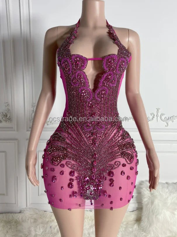 Ocstrade Fashion Night Club Wear Dress Rhinestone Sexy Women Clothing Halter Club Elegant Sparkly Crystal Dresses for Party - Shoppiline