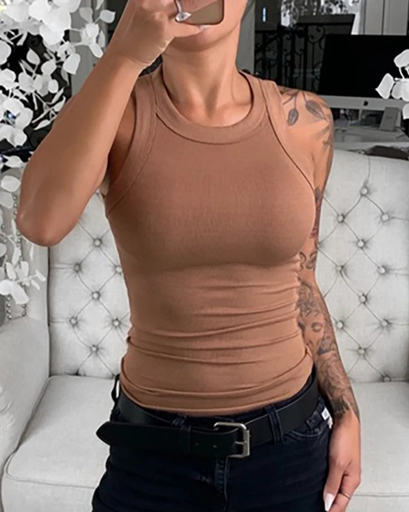Débardeur côtelé uni à col rond pour femme - Camisole élastique basique d'été - Débardeur uni à col rond