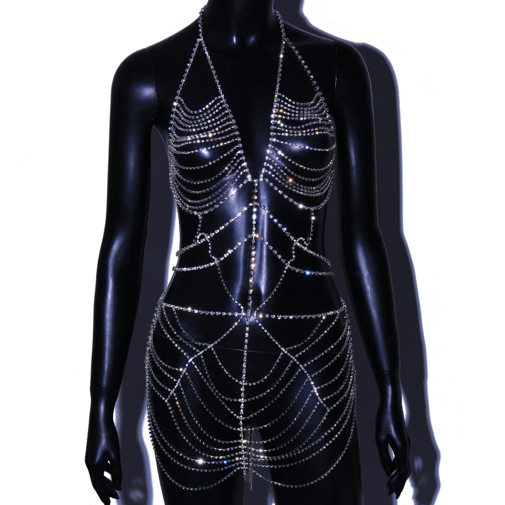 Fashion Luxury Crystal Bodysuit Lingerie Body Chain for Women Bling Rhinestone Body Chain Bikini One Pc Dress Jewelry - Shoppiline