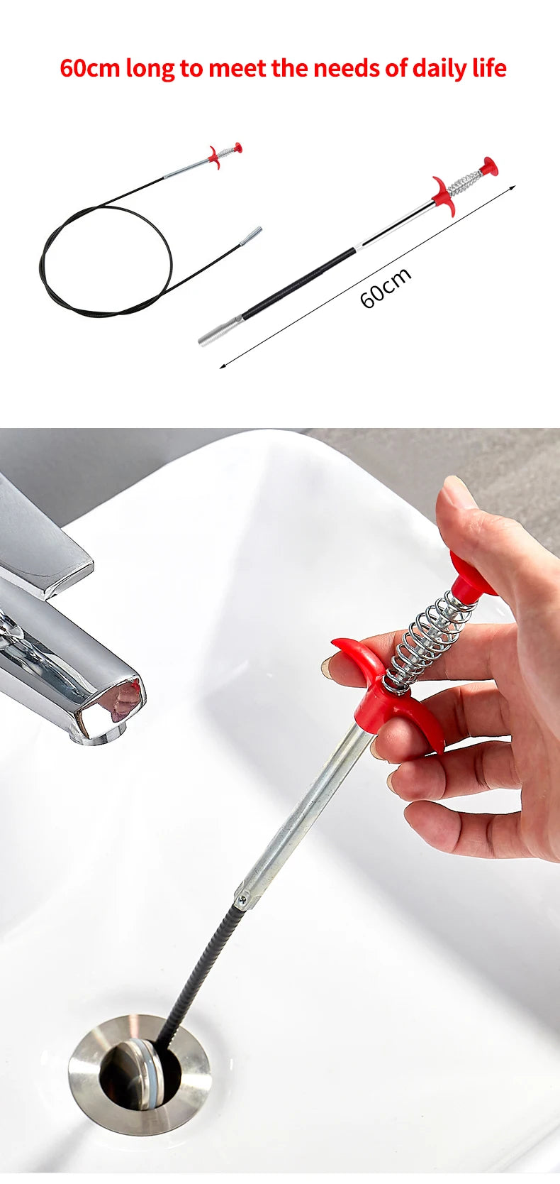 60cm Spring Pipe Dredging Tools, Drain Snake, Drain Cleaner Sticks Clog Remover Cleaning Household for Kitchen Bending Sink Tool