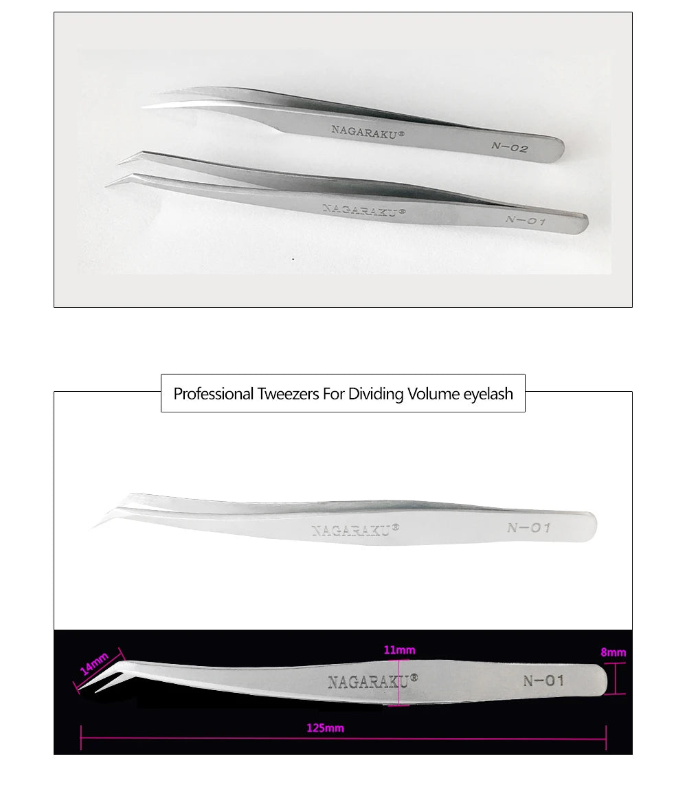 NAGARAKU Stainless Steel Straight Curved Nail Volume Eyelash Accurate Tweezers Nippers Pointed Clip Set Makeup Tools
