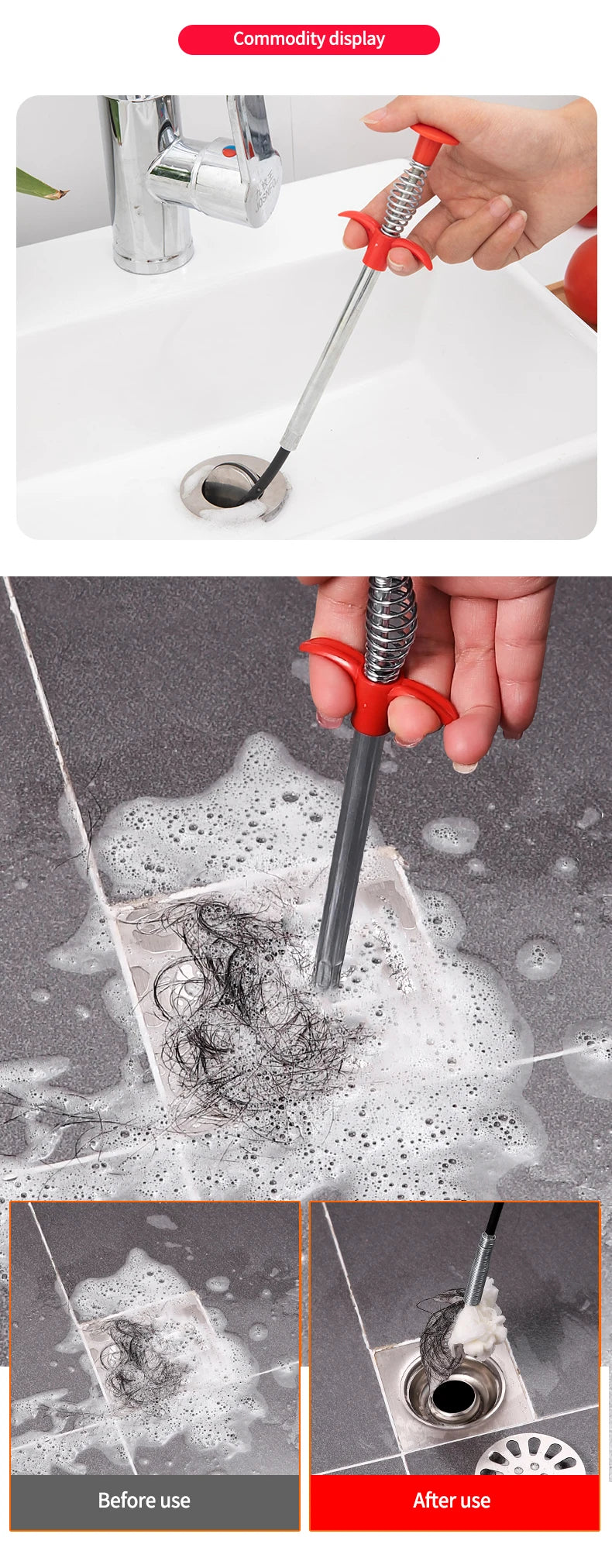 60cm Spring Pipe Dredging Tools, Drain Snake, Drain Cleaner Sticks Clog Remover Cleaning Household for Kitchen Bending Sink Tool