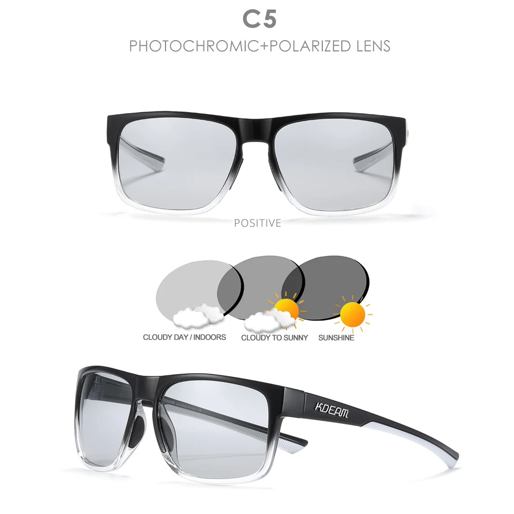 KDEAM New Polarized Men's Sunglasses Square Outdoor Photochromic Sun Glasses Women Non-Slip Nose Pad Full Accessories Included