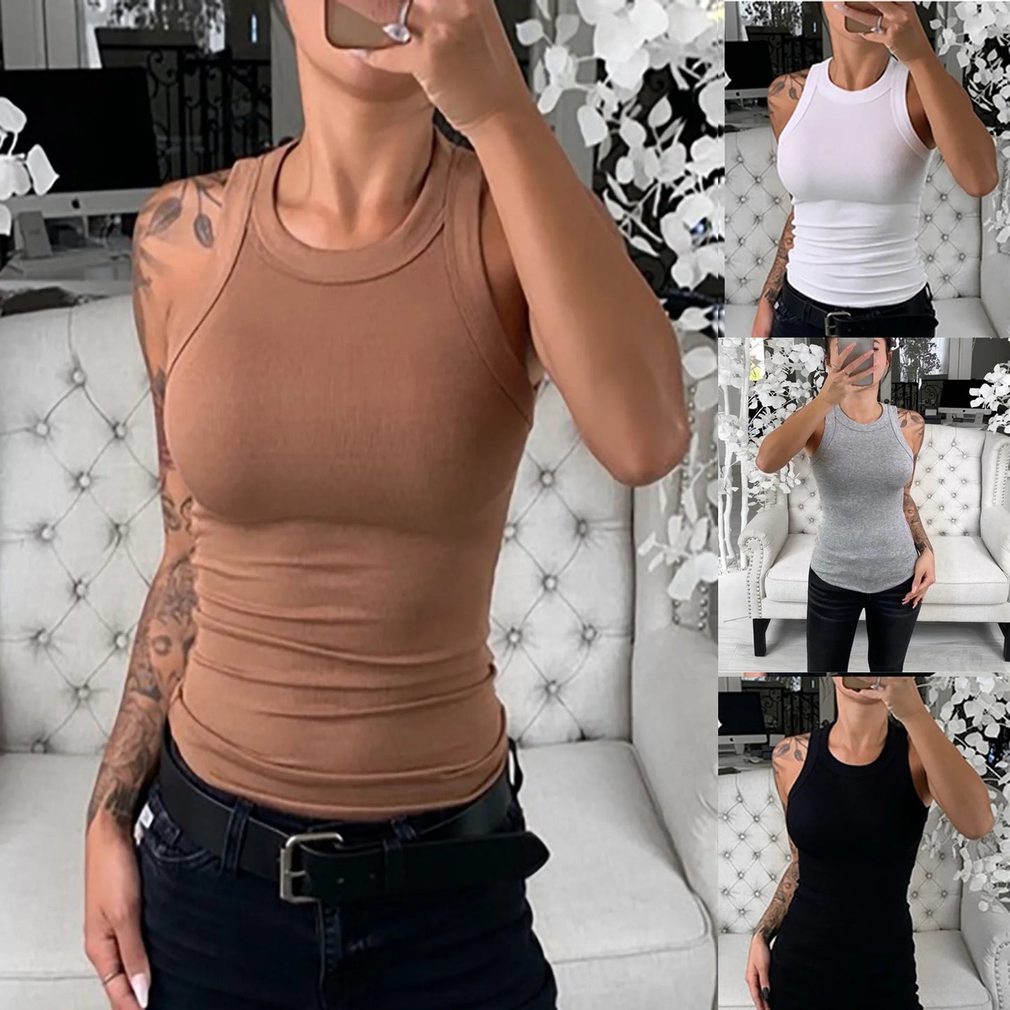 Débardeur côtelé uni à col rond pour femme - Camisole élastique basique d'été - Débardeur uni à col rond