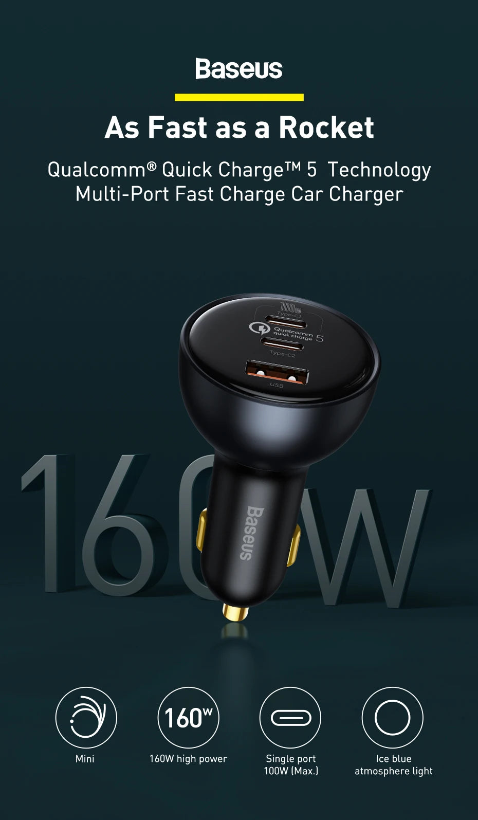 Baseus 160W Car Charger QC 5.0 Fast Quick Charging PPS PD3.0 USB Type C Car Phone Charge For iPhone 13 14 15 Pro Laptops Tablets - Shoppiline