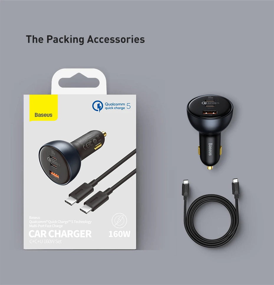 Baseus 160W Car Charger QC 5.0 Fast Quick Charging PPS PD3.0 USB Type C Car Phone Charge For iPhone 13 14 15 Pro Laptops Tablets - Shoppiline