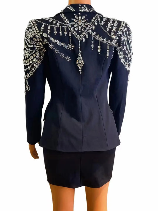 AD1860 Two Piece Women Clothing Set Crystal Dress Women Rhinestone Luxury Elegant Dress and Blazer - Shoppiline