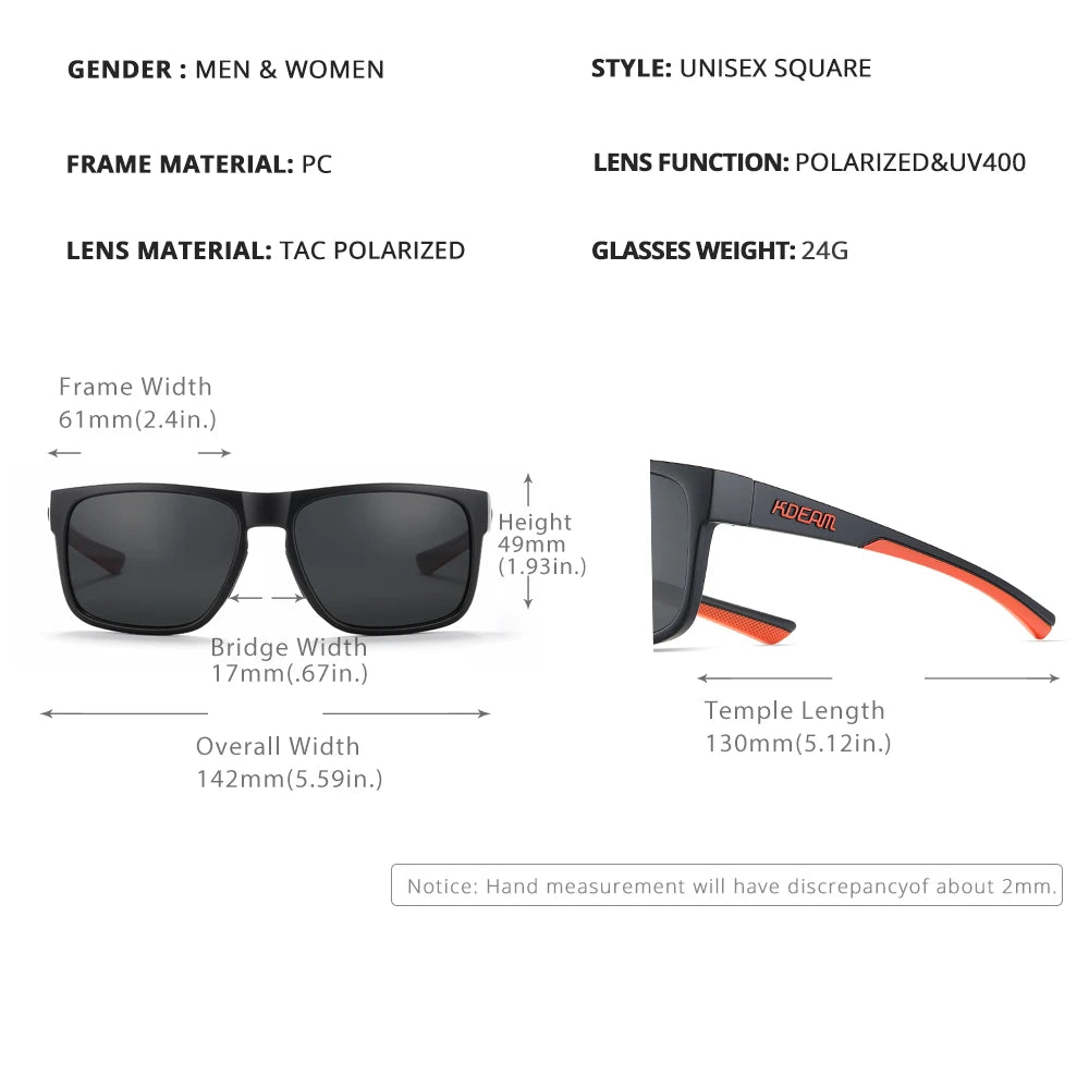 KDEAM New Polarized Men's Sunglasses Square Outdoor Photochromic Sun Glasses Women Non-Slip Nose Pad Full Accessories Included
