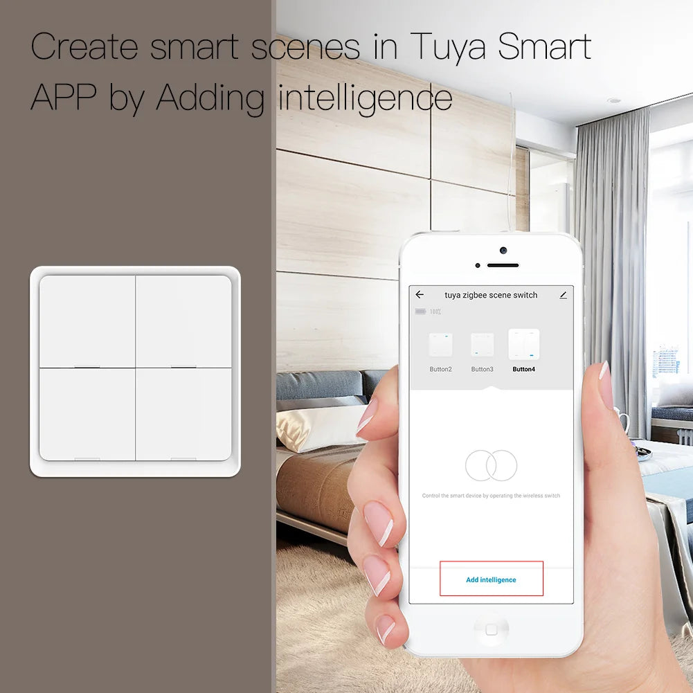MOES 4 Gang Tuya ZigBee Wireless Scene Switch - 12 Customizable Automation Scenarios, Battery-Powered Push Button Controller for