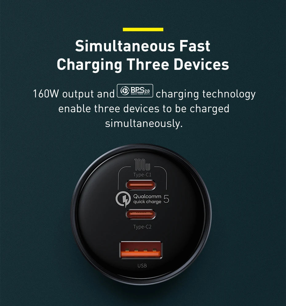 Baseus 160W Car Charger QC 5.0 Fast Quick Charging PPS PD3.0 USB Type C Car Phone Charge For iPhone 13 14 15 Pro Laptops Tablets - Shoppiline
