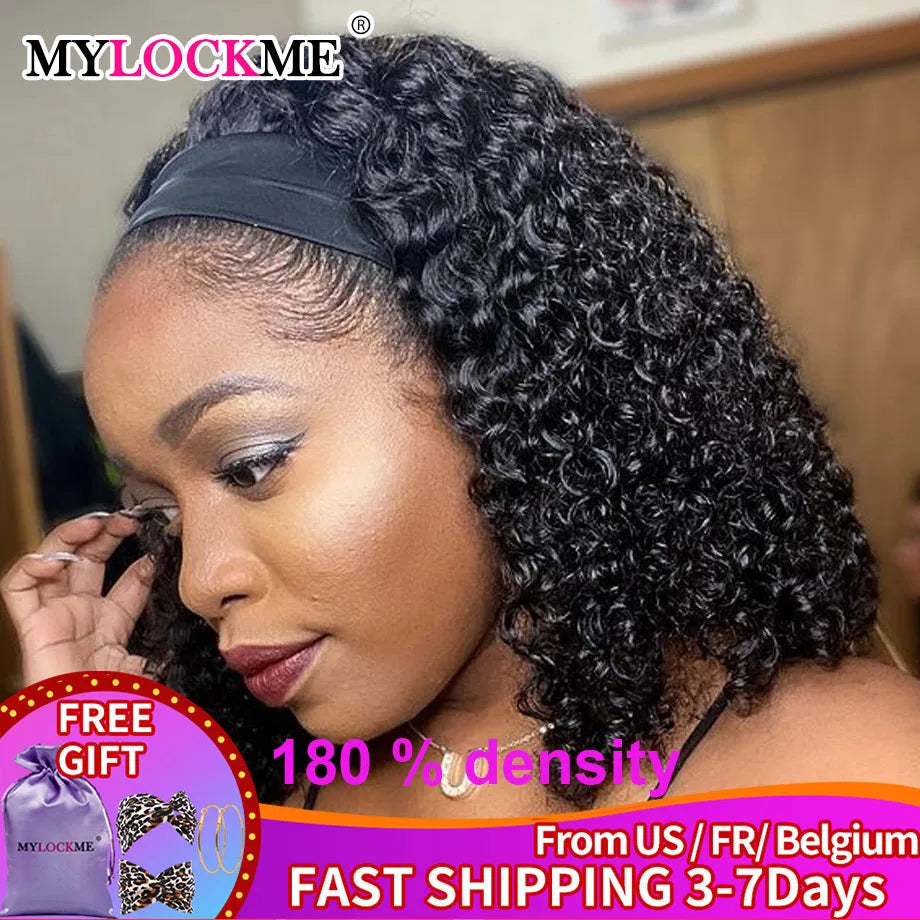 Kinky Curly Headband Wig Human Hair MYLOCKME Curly Human Hair Wigs for Women Full Machine Wig 180% Density