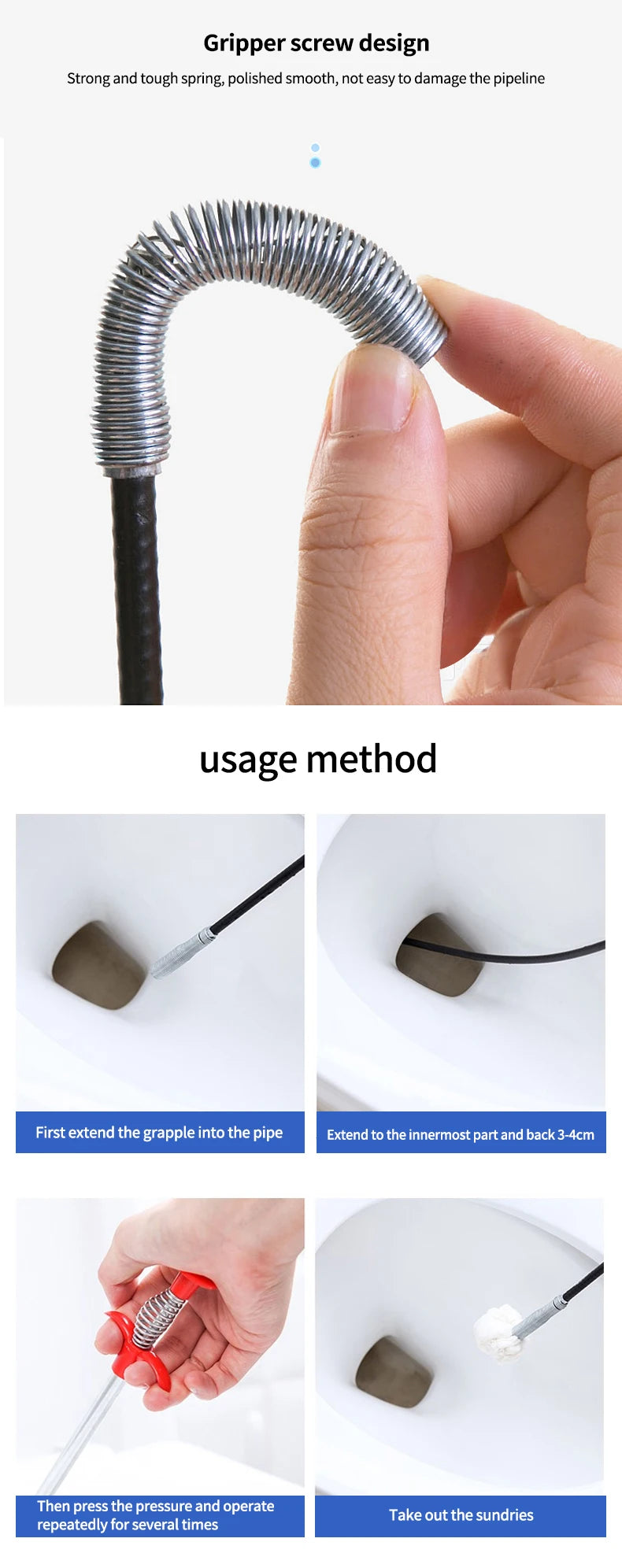 60cm Spring Pipe Dredging Tools, Drain Snake, Drain Cleaner Sticks Clog Remover Cleaning Household for Kitchen Bending Sink Tool
