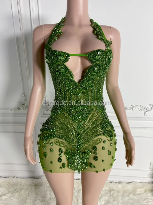 Ocstrade Fashion Night Club Wear Dress Rhinestone Sexy Women Clothing Halter Club Elegant Sparkly Crystal Dresses for Party - Shoppiline