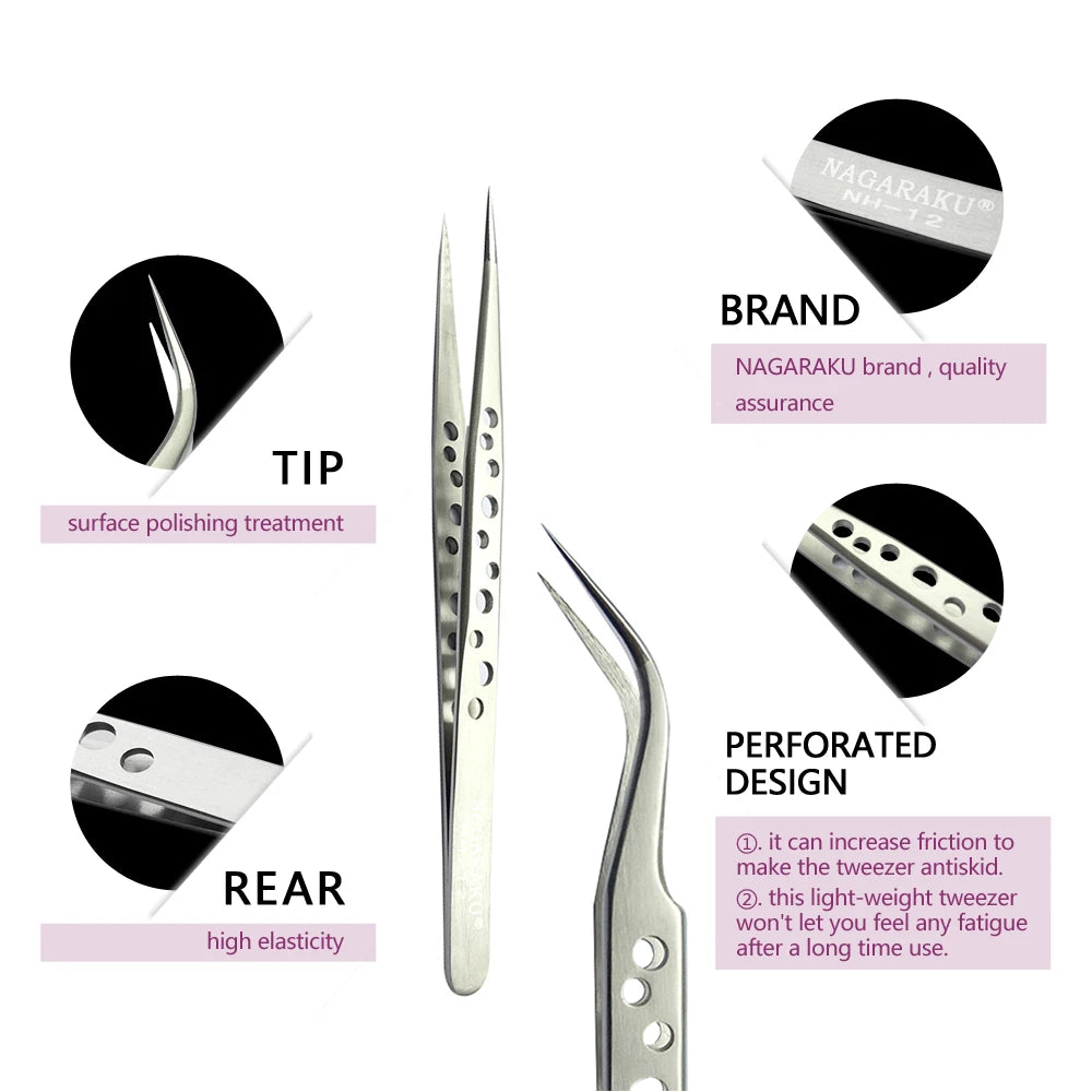 NAGARAKU Stainless Steel Straight Curved Nail Volume Eyelash Accurate Tweezers Nippers Pointed Clip Set Makeup Tools