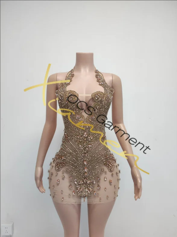 Ocstrade Fashion Night Club Wear Dress Rhinestone Sexy Women Clothing Halter Club Elegant Sparkly Crystal Dresses for Party - Shoppiline