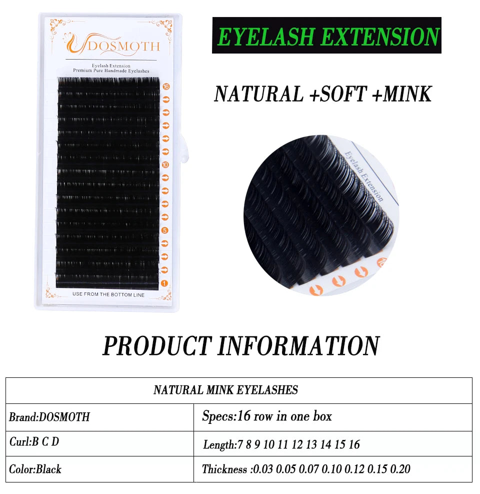 DOSMOTH- Soft Eyelash Extension, Individual Lashes,Faux Mink Eyelashes, False Eyelash, 16Rows Thickness, 0.03 to 0.20