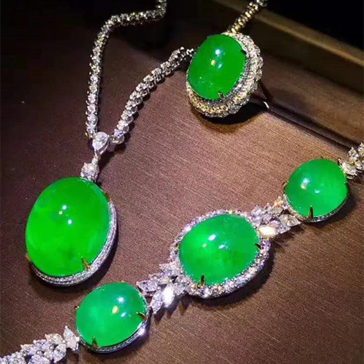 18k Gold Women Wedding Stone Jewelry Wholesale Colombia Natural Green Emerald Necklace Pendant Bracelet Ring Set - Shoppiline
