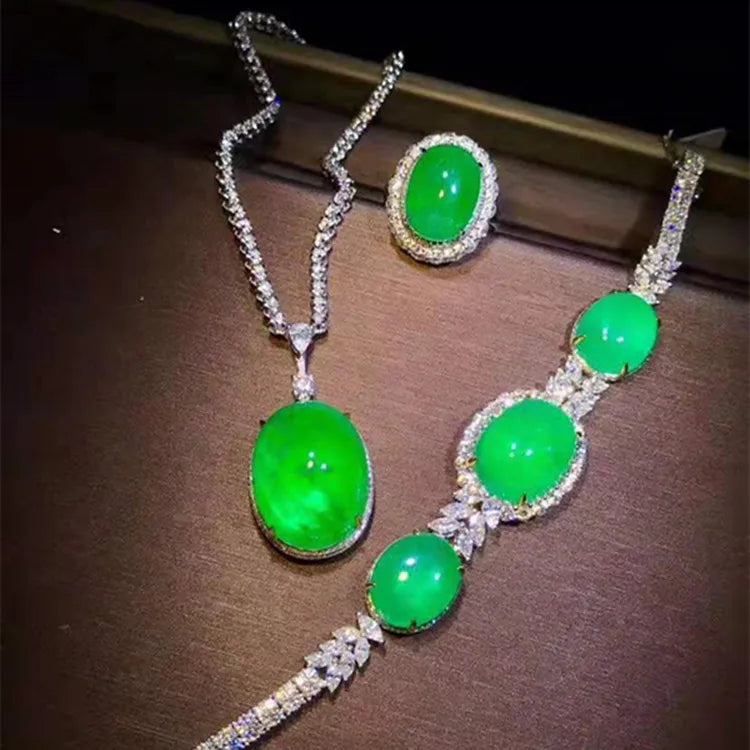 18k Gold Women Wedding Stone Jewelry Wholesale Colombia Natural Green Emerald Necklace Pendant Bracelet Ring Set - Shoppiline