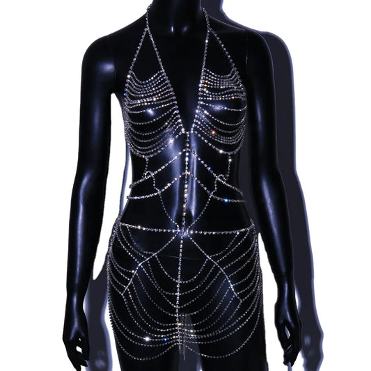 Fashion Luxury Crystal Bodysuit Lingerie Body Chain for Women Bling Rhinestone Body Chain Bikini One Pc Dress Jewelry - Shoppiline