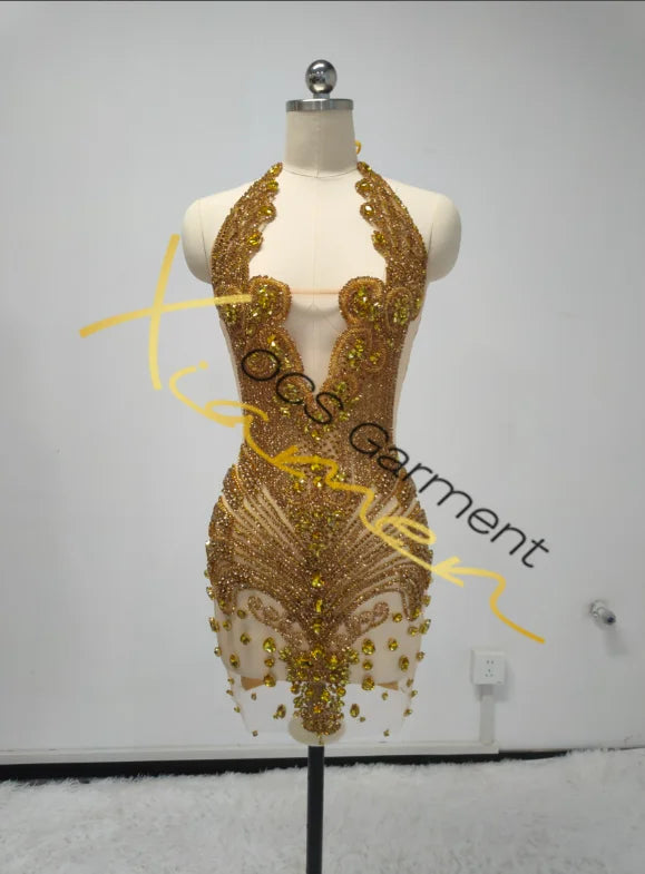 Ocstrade Fashion Night Club Wear Dress Rhinestone Sexy Women Clothing Halter Club Elegant Sparkly Crystal Dresses for Party - Shoppiline