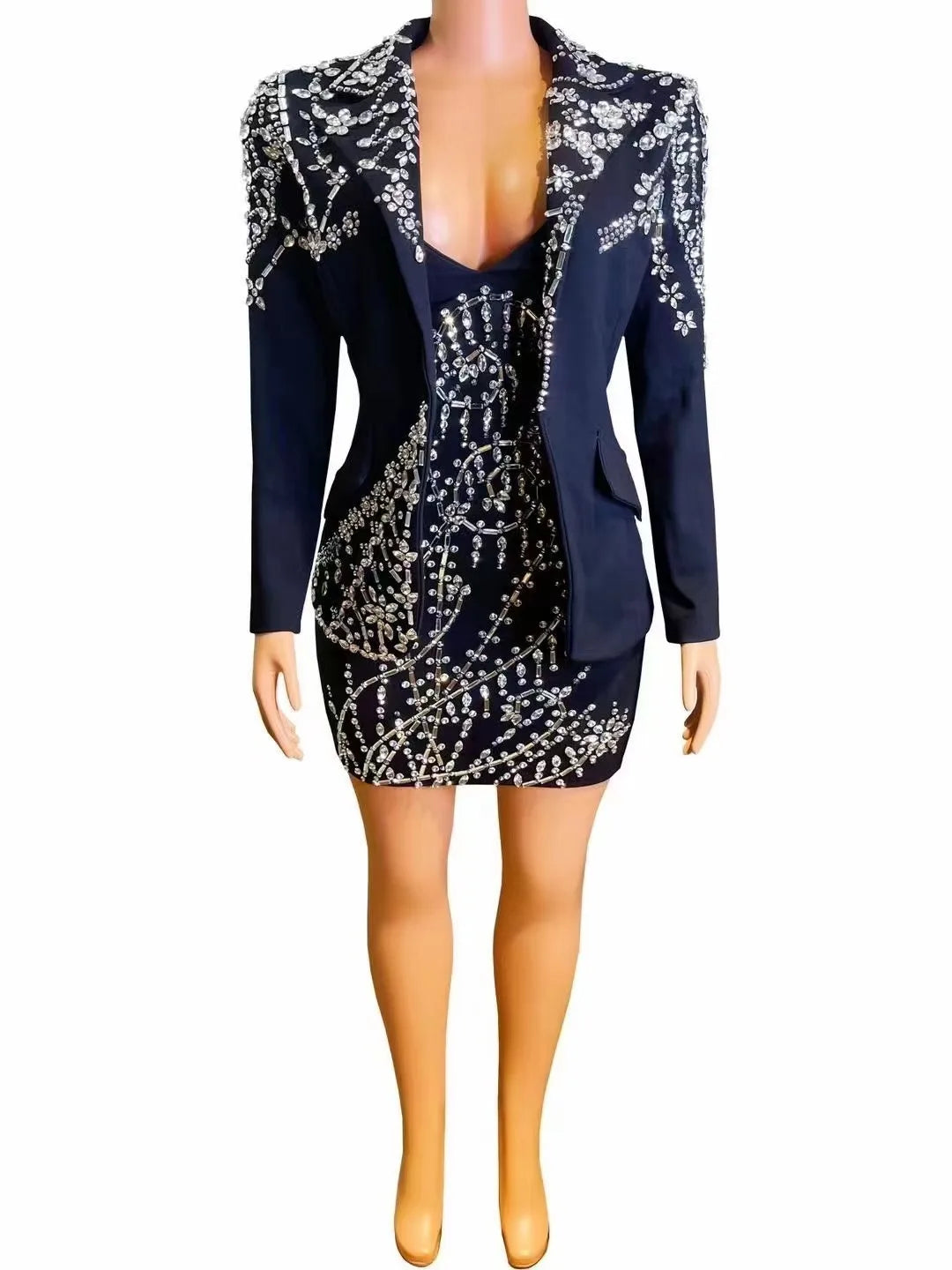 AD1860 Two Piece Women Clothing Set Crystal Dress Women Rhinestone Luxury Elegant Dress and Blazer - Shoppiline